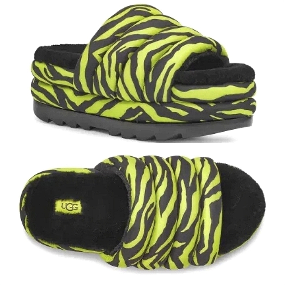UGG Maxi Slides in Tiger Print in Key Lime and Black Women's Size 5 NWOT